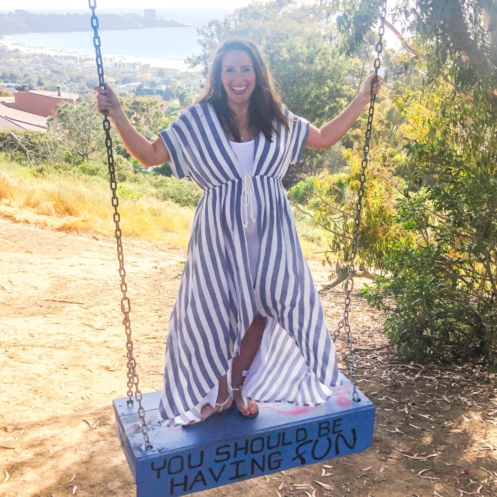 Striped Blue and White V-Neck Maxi Kimono Top